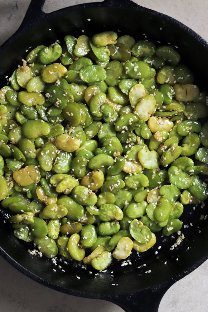 fava beans, sautéed with butter and sesame
