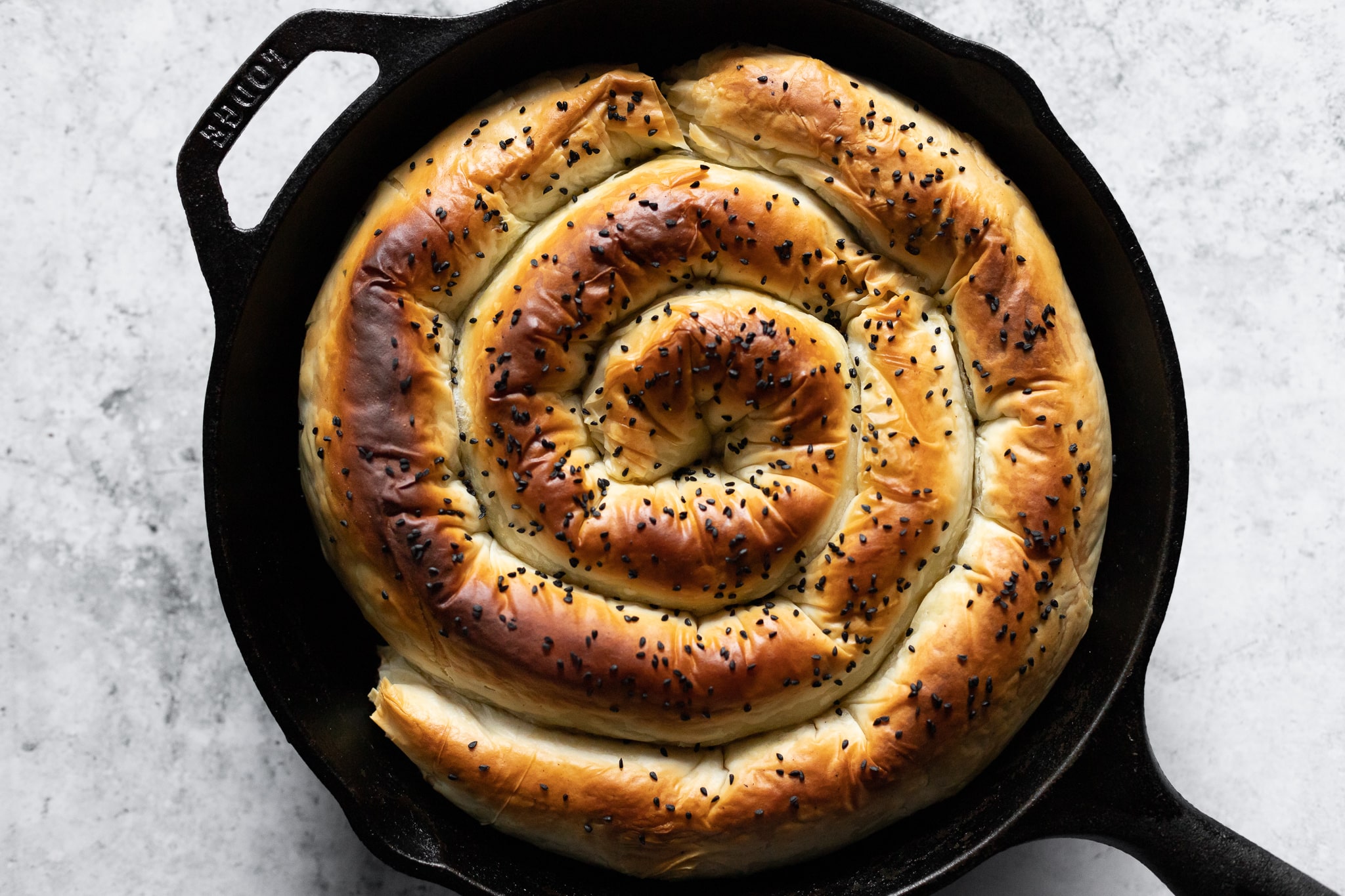 Spanakopita in a spiral, photographed from above