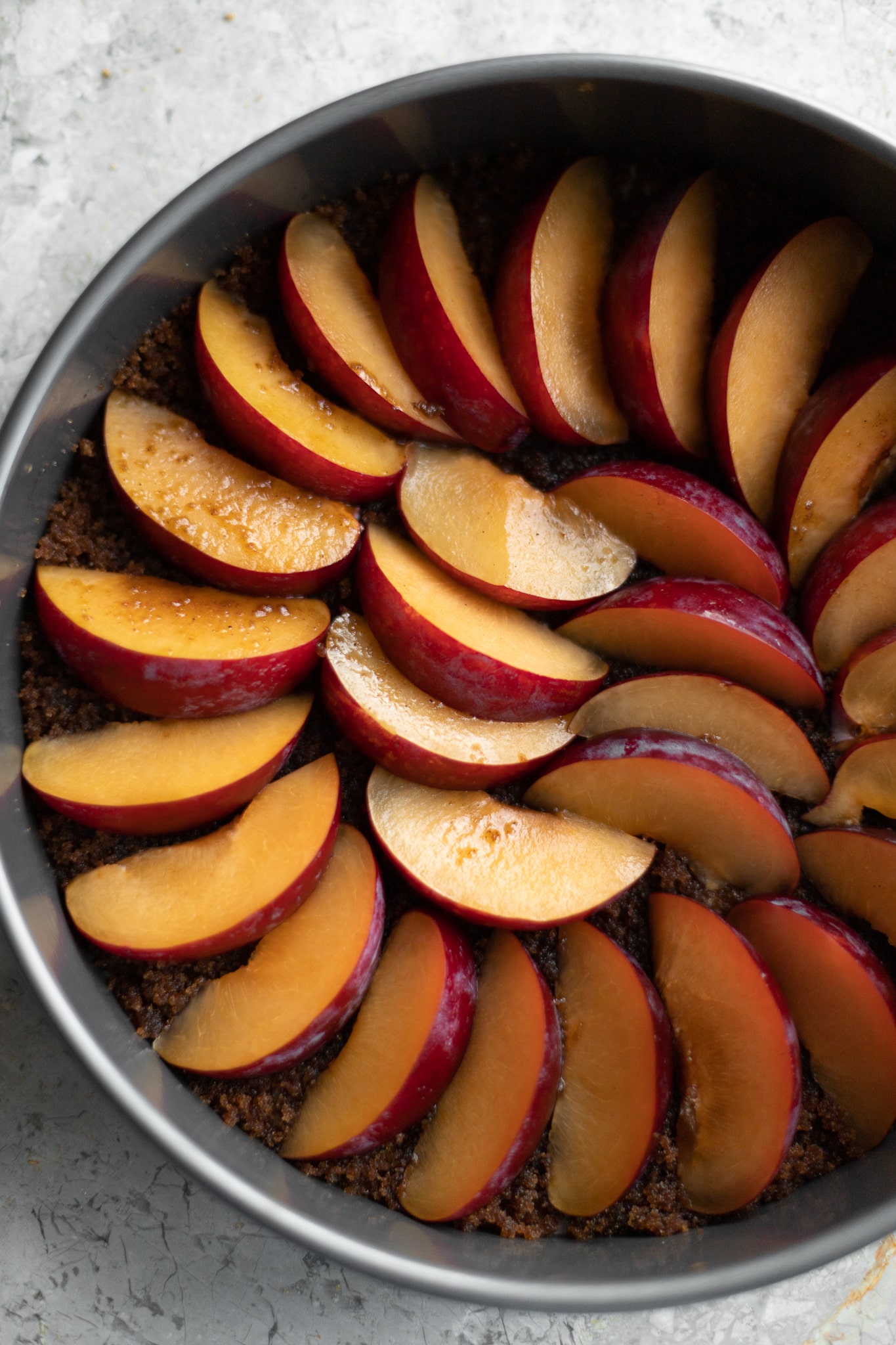 plum upside down cake, shot from overhead, just the plums in the bottom of the pan before batter is poured on