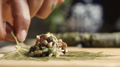 rolling grape leaves: folding up the bottom