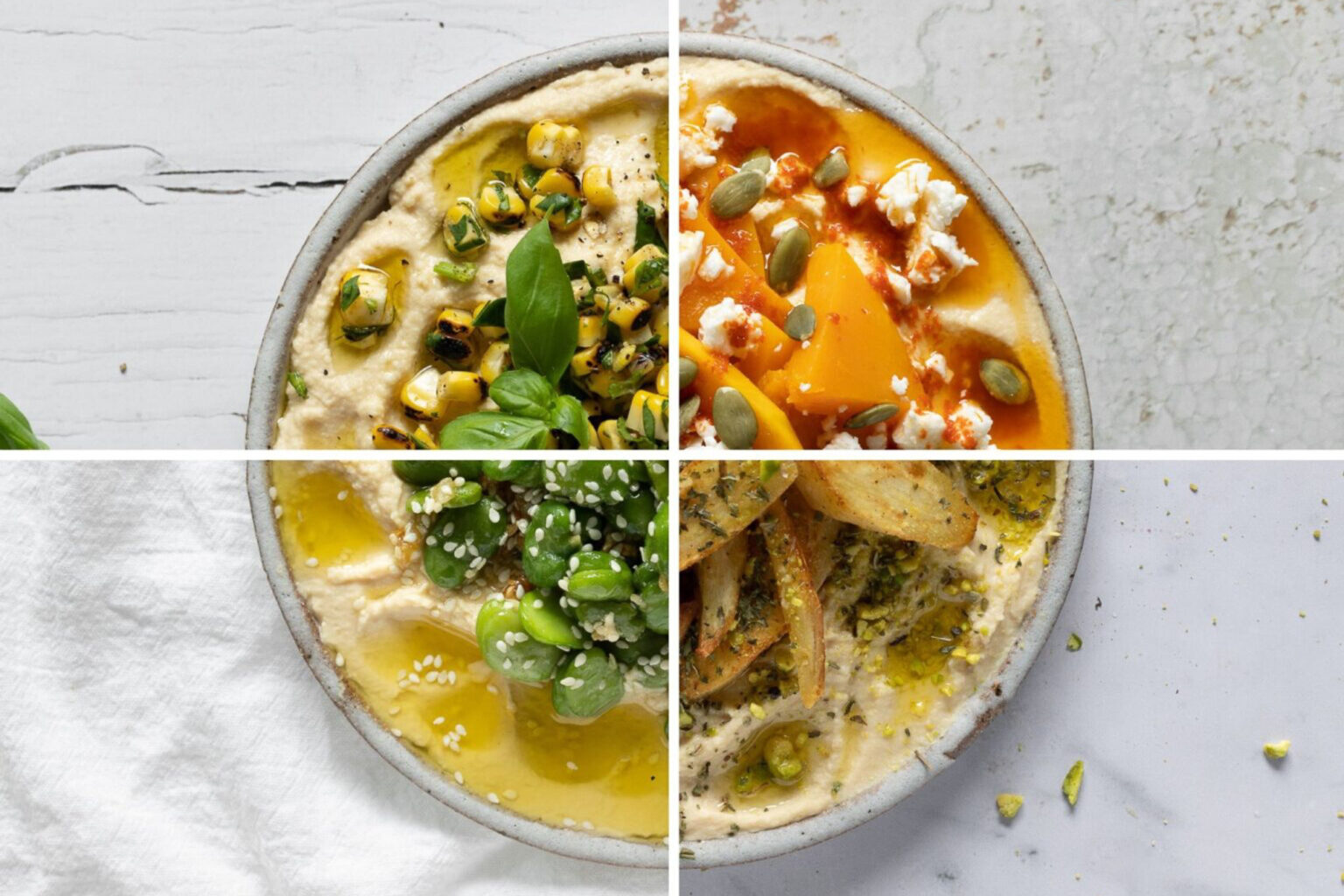 4 different hummus toppings (fava beans, squash, corn, and parsnips)