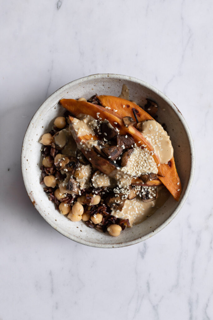grain bowl with sweet potatoes and chickpeas
